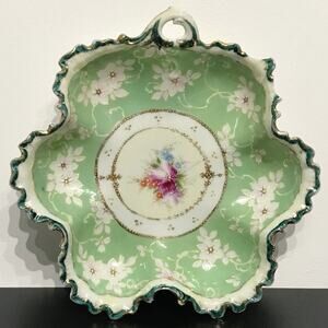 Signed Nippon Hand Painted Pink Raised Beaded Gold Green 10 Inch Serving Bowl